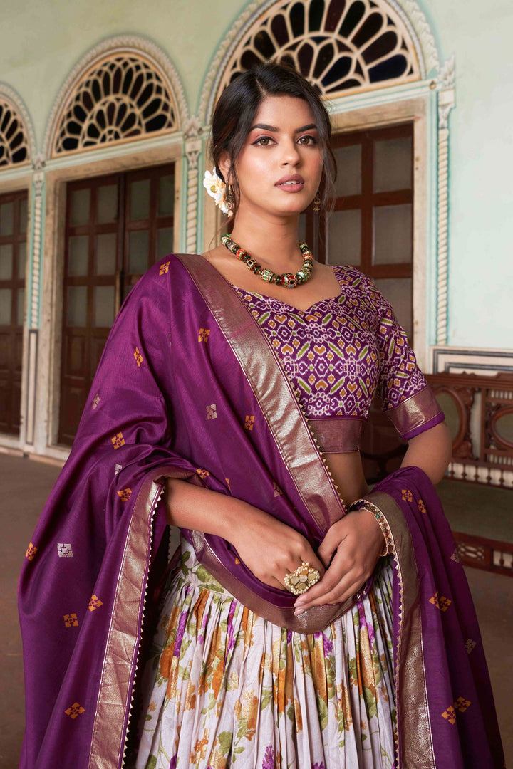 Soothing Floral and Patola Printed Multi Color Art Silk Fabric Readymade Lehenga | Buy Online India