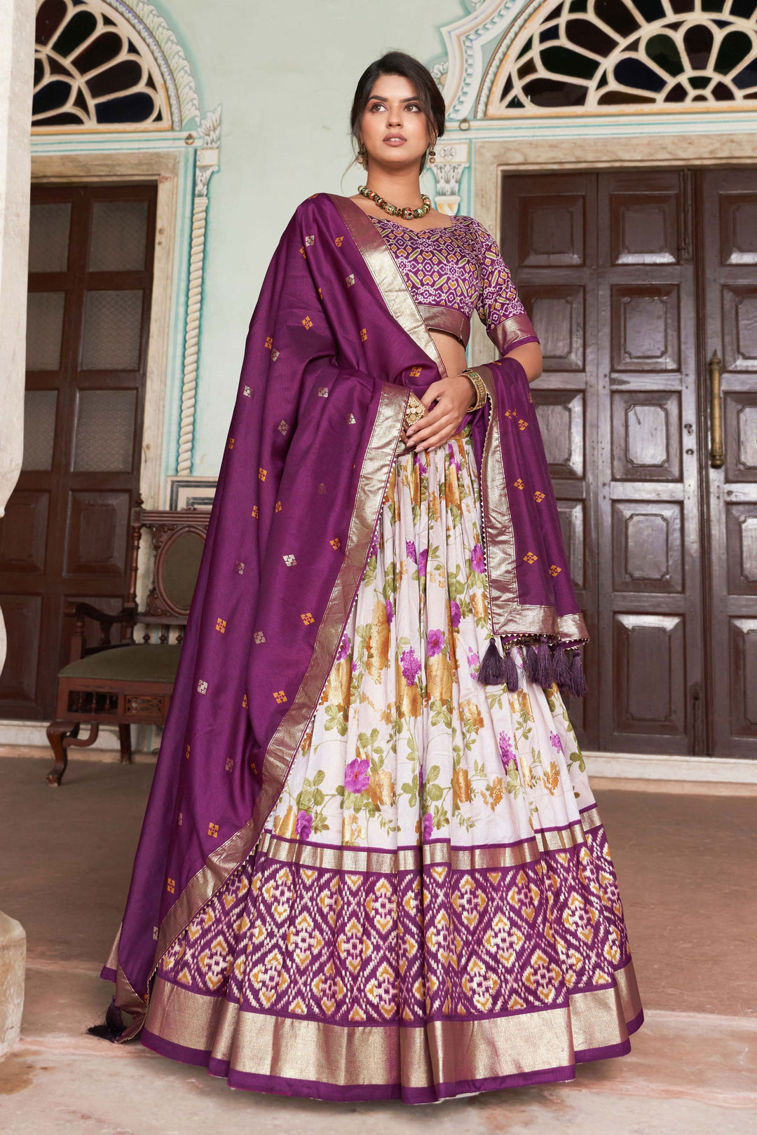Soothing Floral and Patola Printed Multi Color Art Silk Fabric Readymade Lehenga | Buy Online India