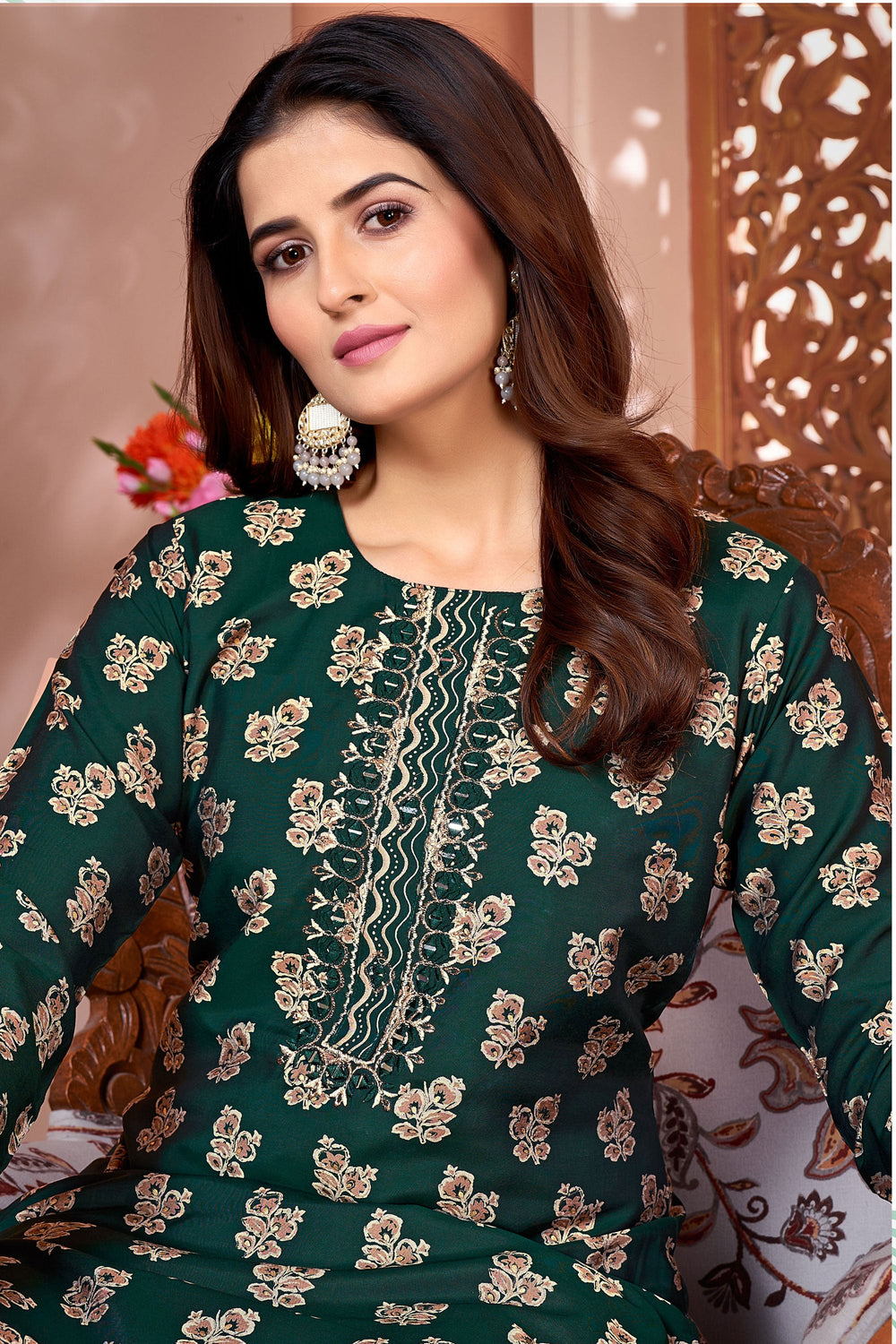 Komal Vora Dark Green Color Art Silk Fabric Riveting Kurti With Bottom | Buy Online India