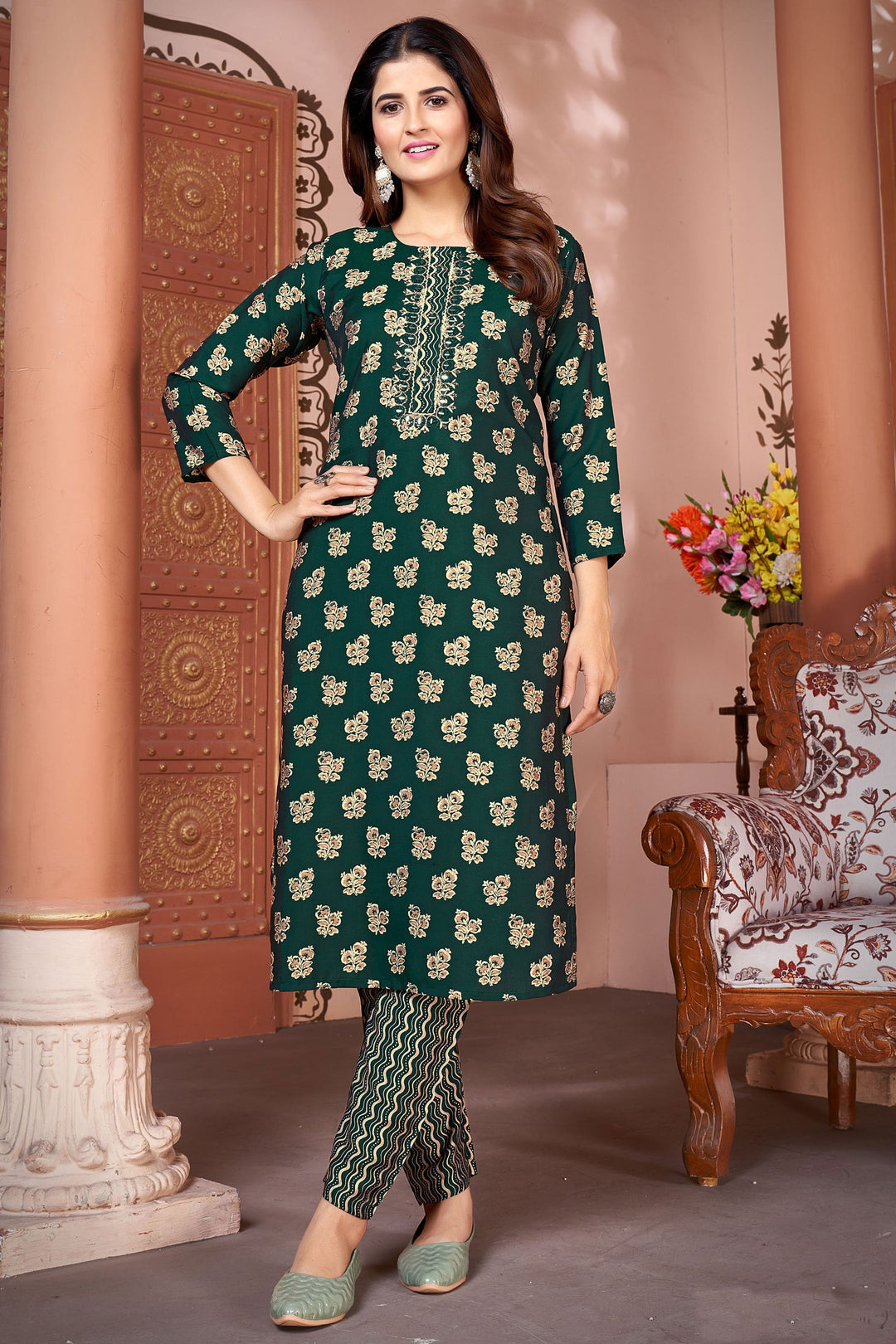 Komal Vora Dark Green Color Art Silk Fabric Riveting Kurti With Bottom | Buy Online India
