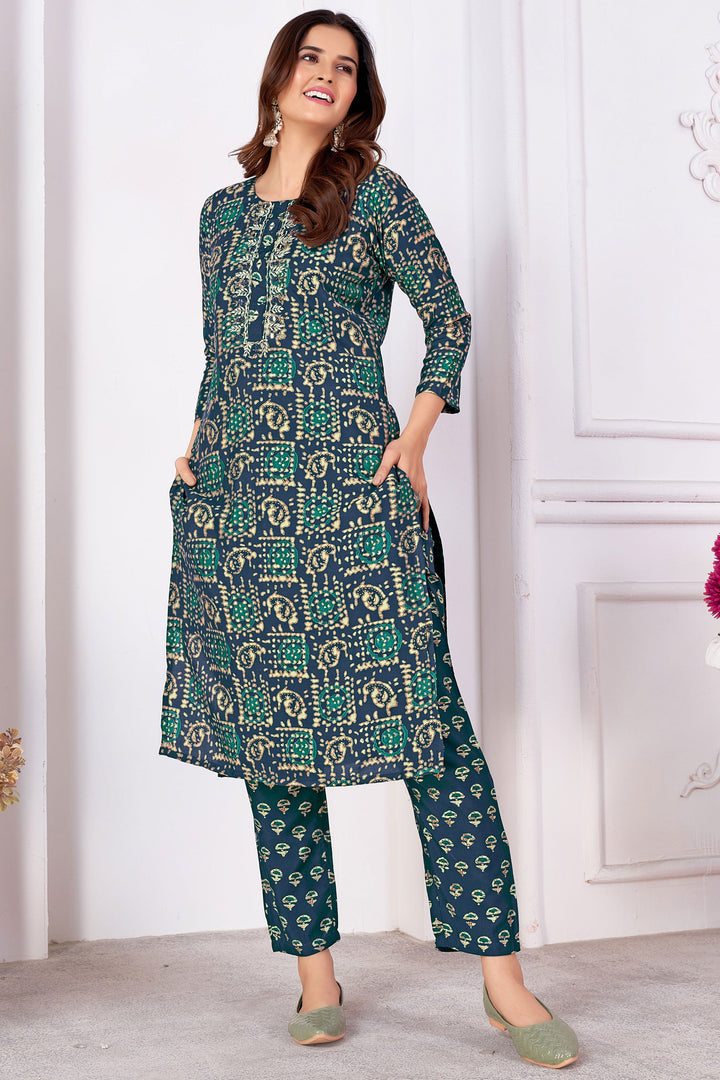 Komal Vora Bewitching Art Silk Readymade Kurti With Bottom In Navy Blue Color | Buy Online India