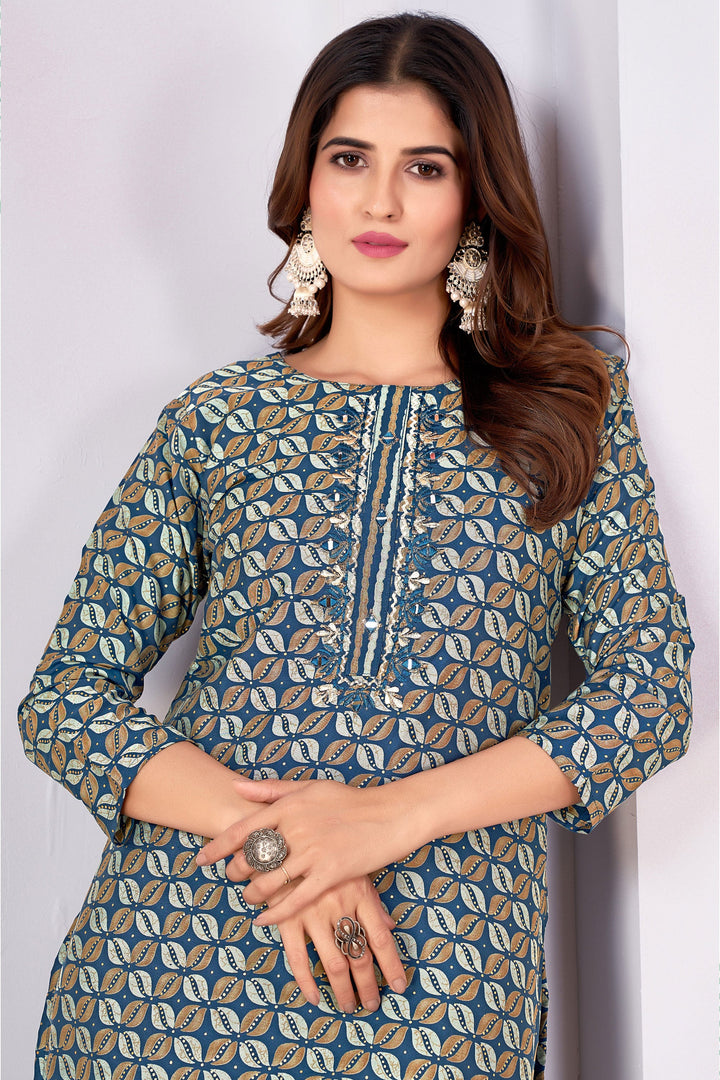 Komal Vora Beguiling Teal Color Art Silk Readymade Kurti With Bottom | Buy Online India