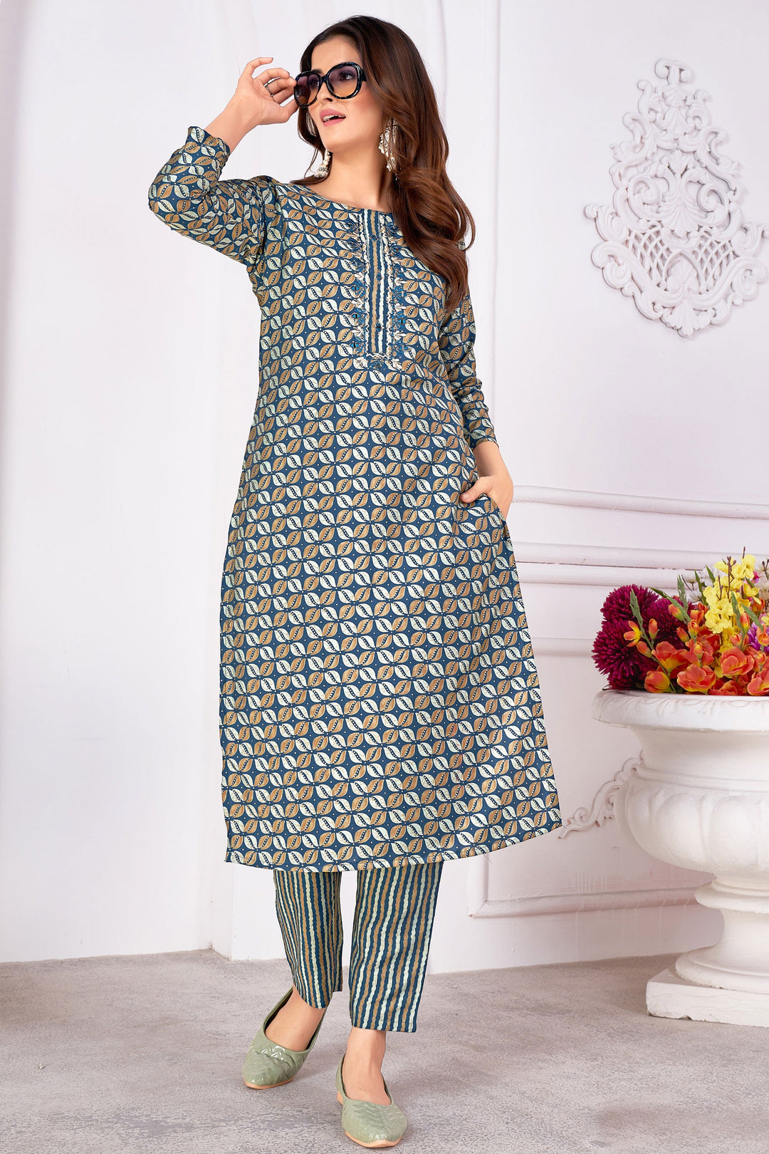 Komal Vora Beguiling Teal Color Art Silk Readymade Kurti With Bottom | Buy Online India