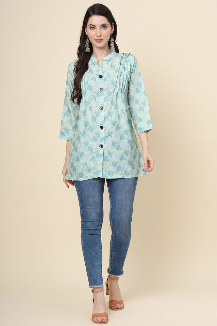 Readymade Captivating Sea Green Color Short Cotton Kurti | Buy Online India