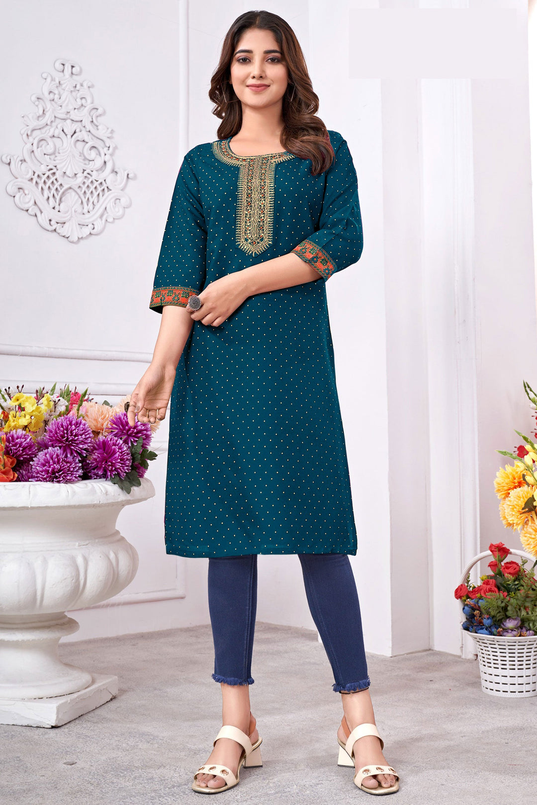Bewitching Rayon Fabric Readymade Casual Kurti In Teal Color | Buy Online India