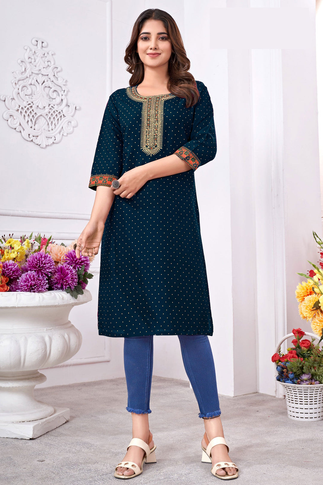 Engaging Navy Blue Color Rayon Fabric Readymade Casual Kurti | Buy Online India