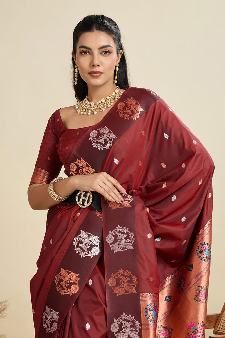 Banarasi Silk Fabric Maroon Color Magnificent Sarees | Buy Online India