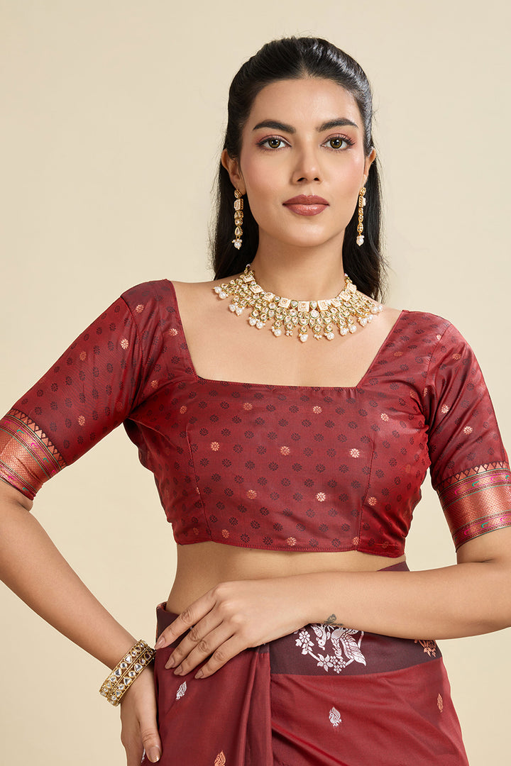 Banarasi Silk Fabric Maroon Color Magnificent Sarees | Buy Online India