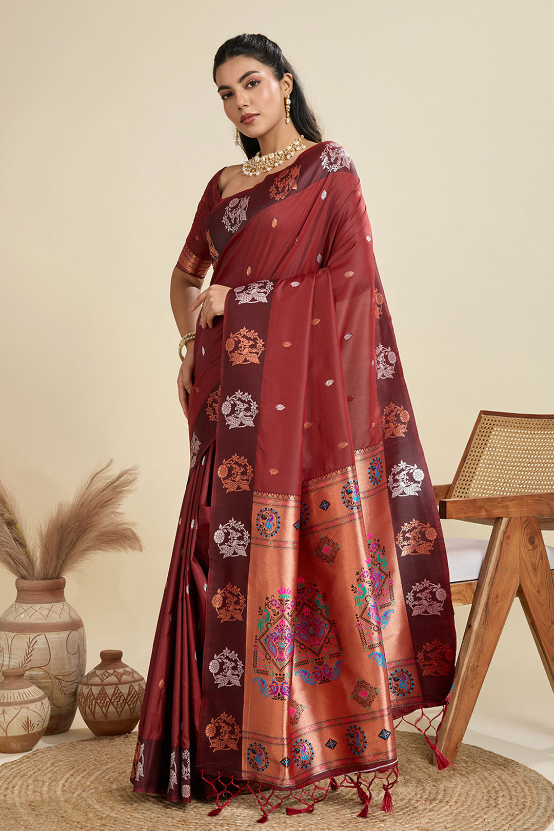 Banarasi Silk Fabric Maroon Color Magnificent Sarees | Buy Online India