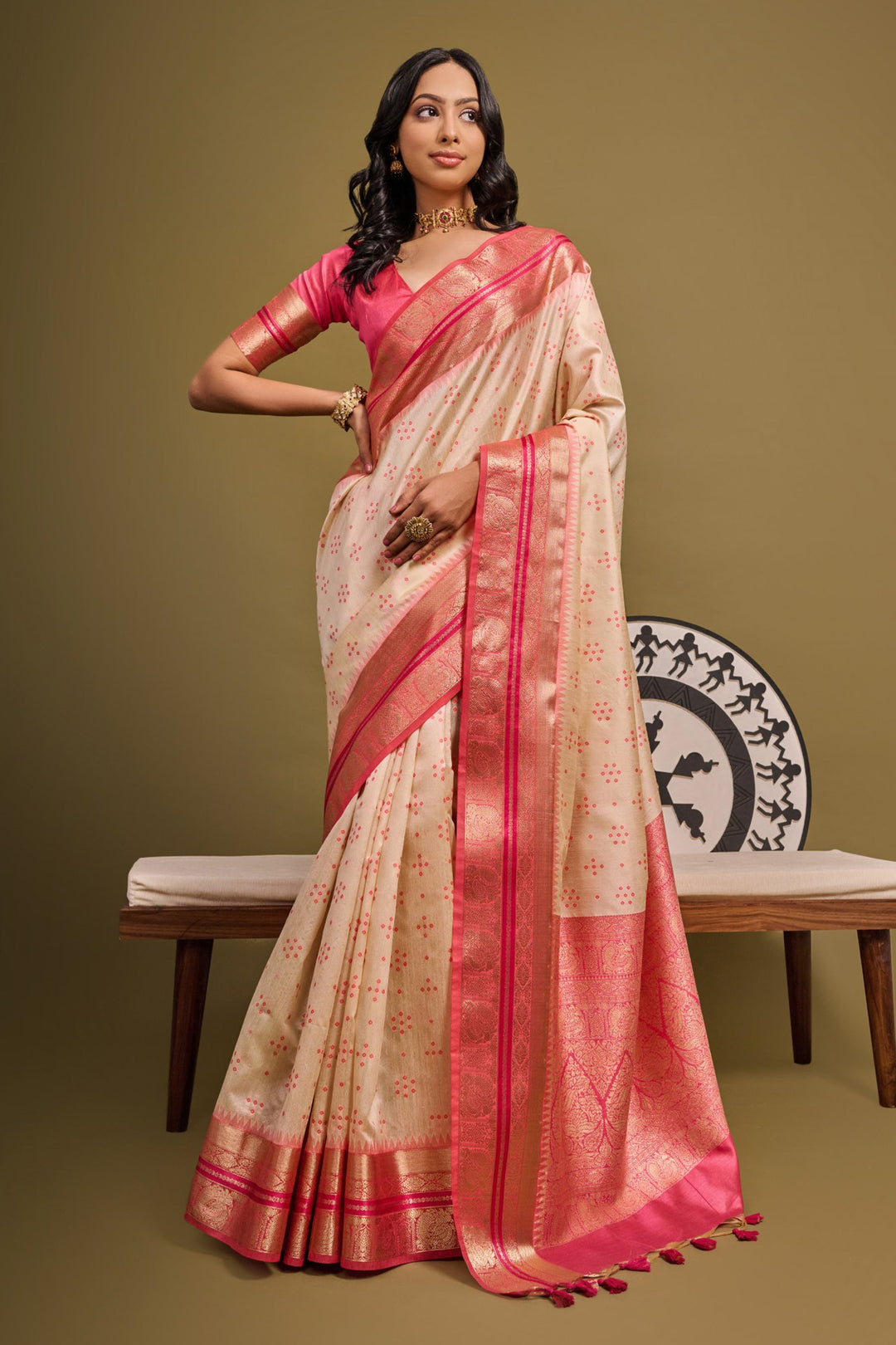 Raw Silk Meenakari Zari Weaving Work Saree In Cream Color | Buy Online India