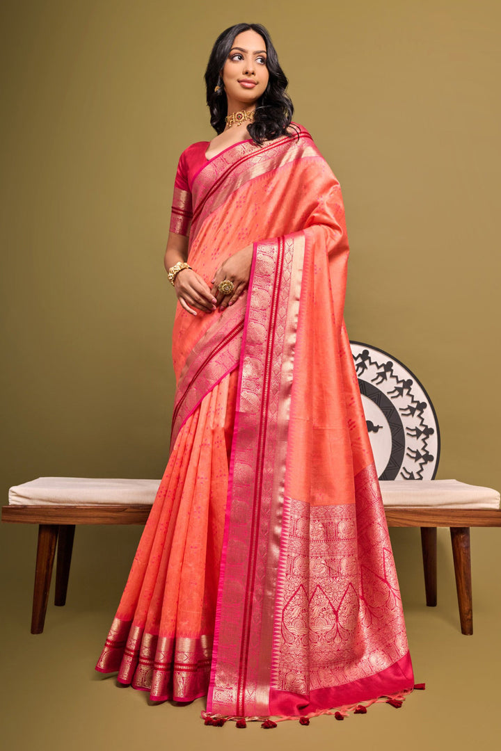 Peach Color Exclusive Meenakari Zari Weaving Work Raw Silk Sarees | Buy Online India
