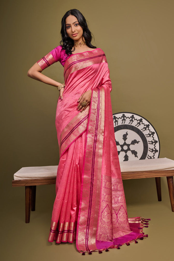 Pink Color Meenakari Zari Weaving Work Function Wear Raw Silk Saree | Buy Online India