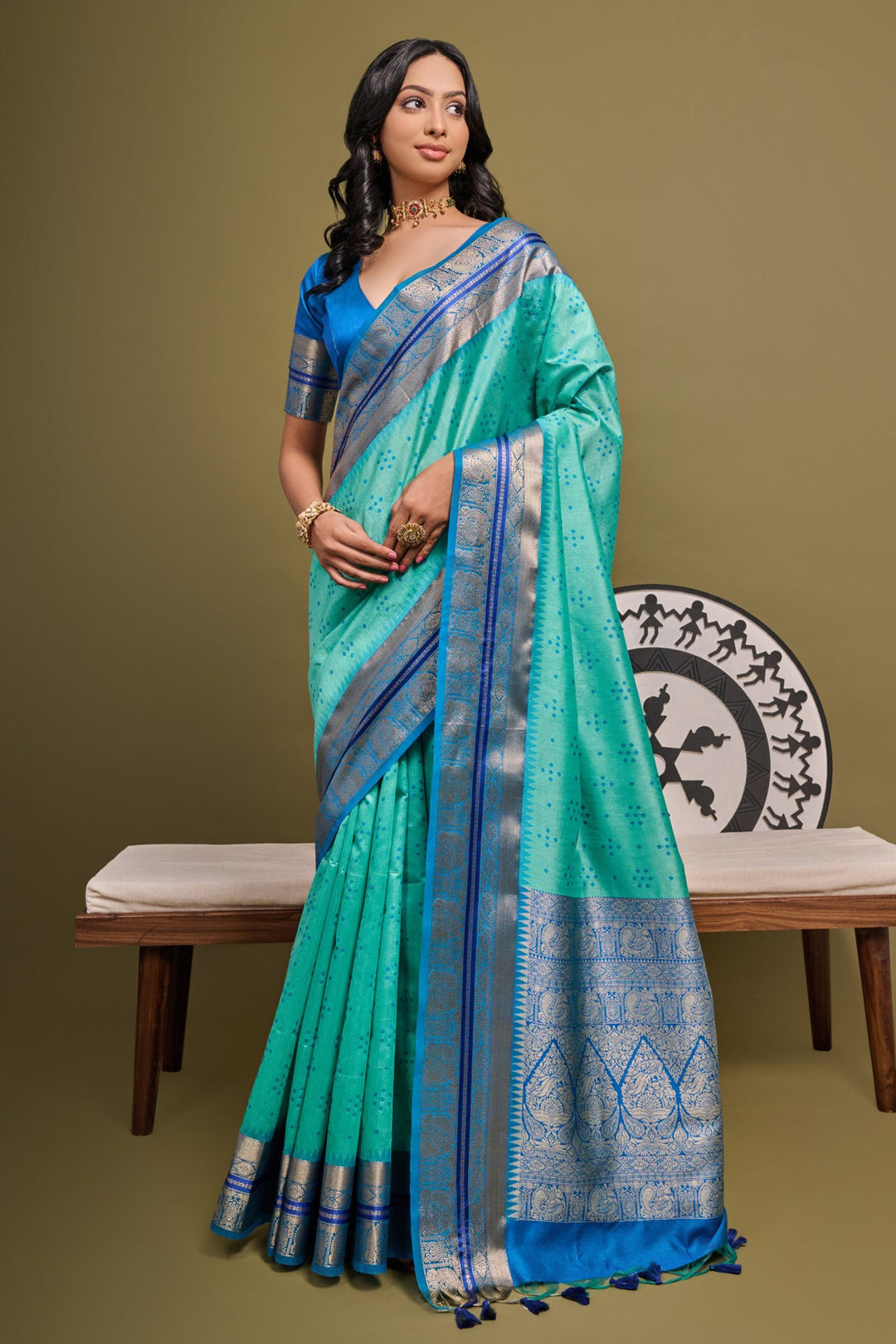 Attractive Sea Green Color Meenakari Zari Weaving Work Raw Silk Designer Saree | Buy Online India