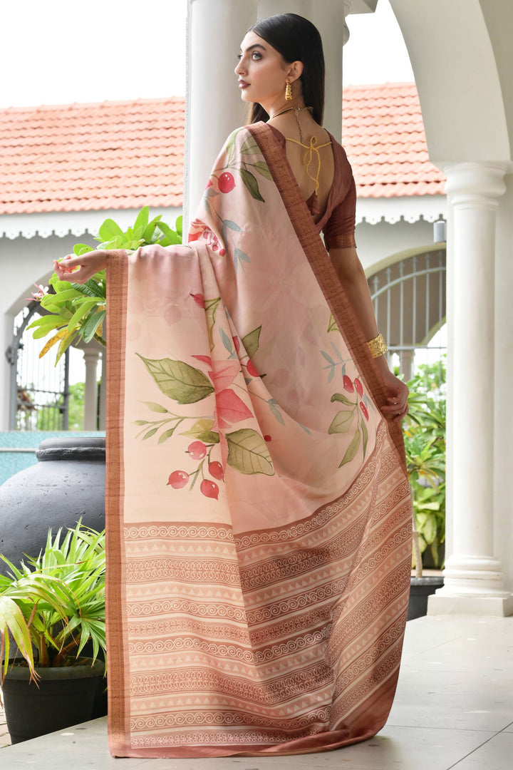 Chikoo Color Satin Silk Fabric Tempting Floral Printed Saree | Buy Online India