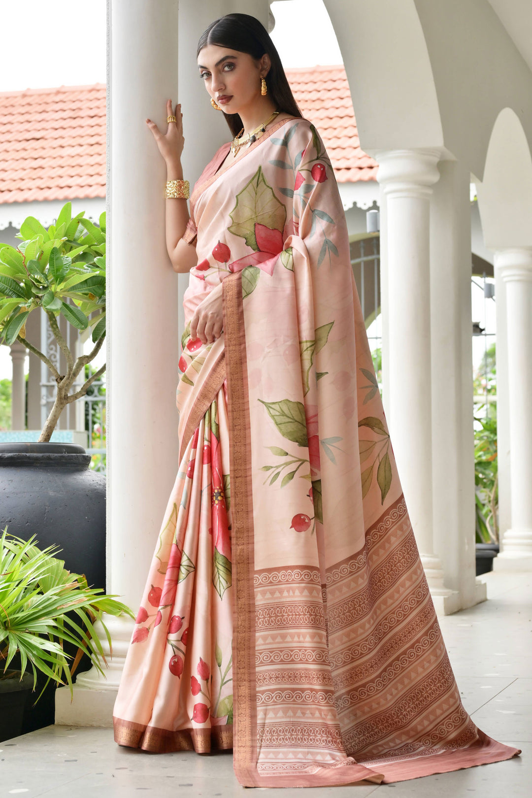 Chikoo Color Satin Silk Fabric Tempting Floral Printed Saree | Buy Online India