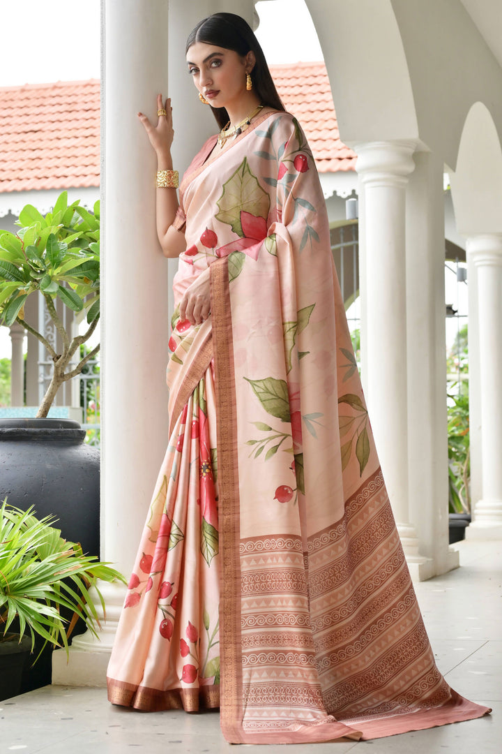 Chikoo Color Satin Silk Fabric Tempting Floral Printed Saree | Buy Online India