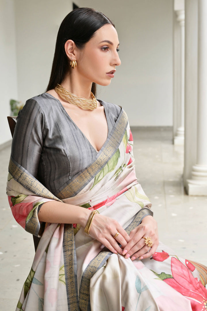 Satin Silk Fabric Grey Color Beautiful Floral Printed Saree | Buy Online India
