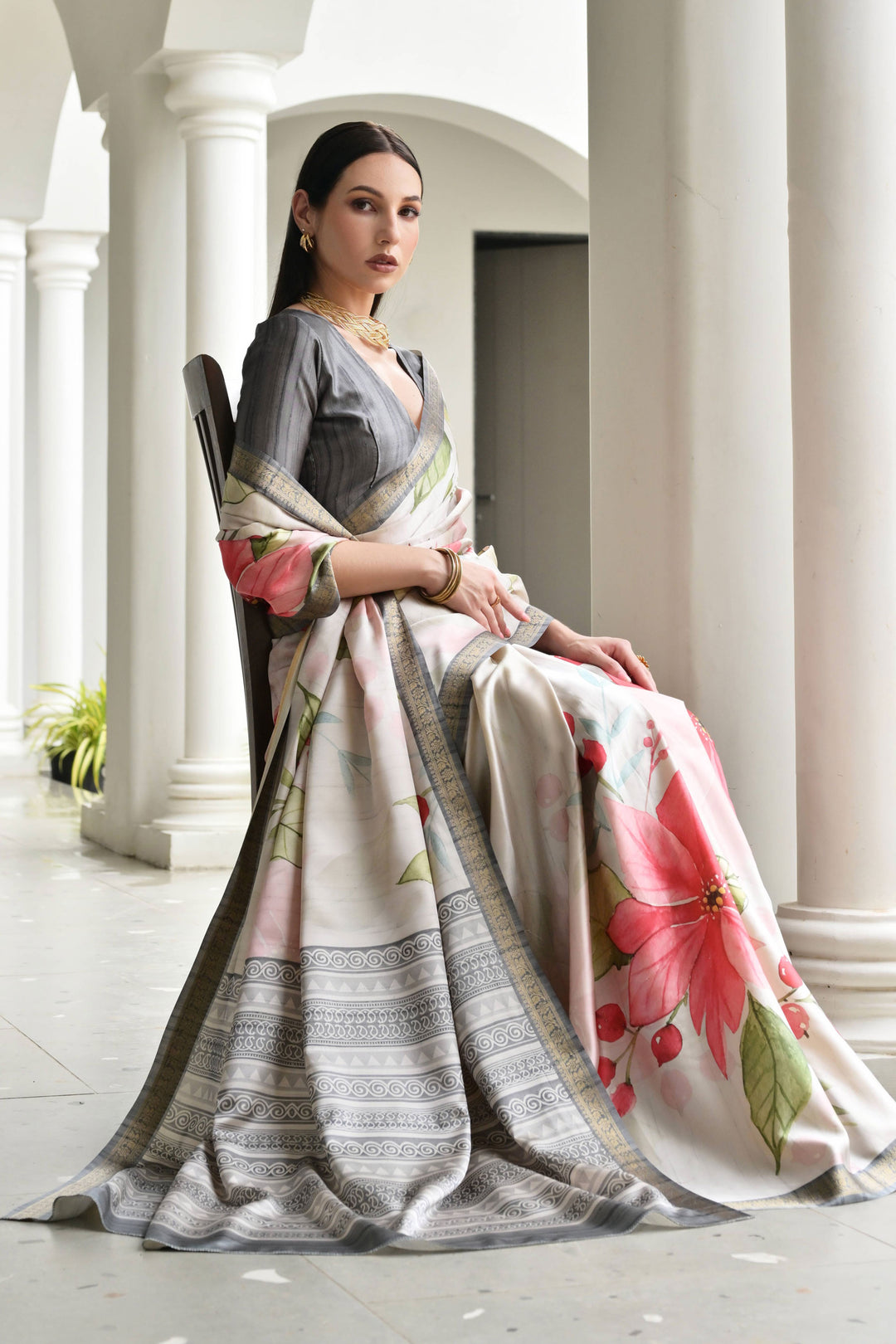 Satin Silk Fabric Grey Color Beautiful Floral Printed Saree | Buy Online India