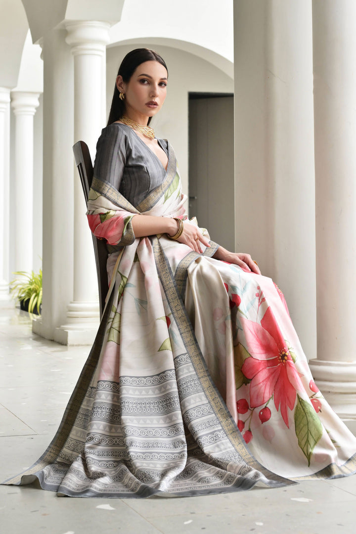 Satin Silk Fabric Grey Color Beautiful Floral Printed Saree | Buy Online India