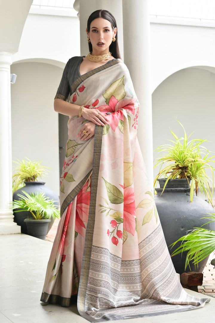Satin Silk Fabric Grey Color Beautiful Floral Printed Saree | Buy Online India