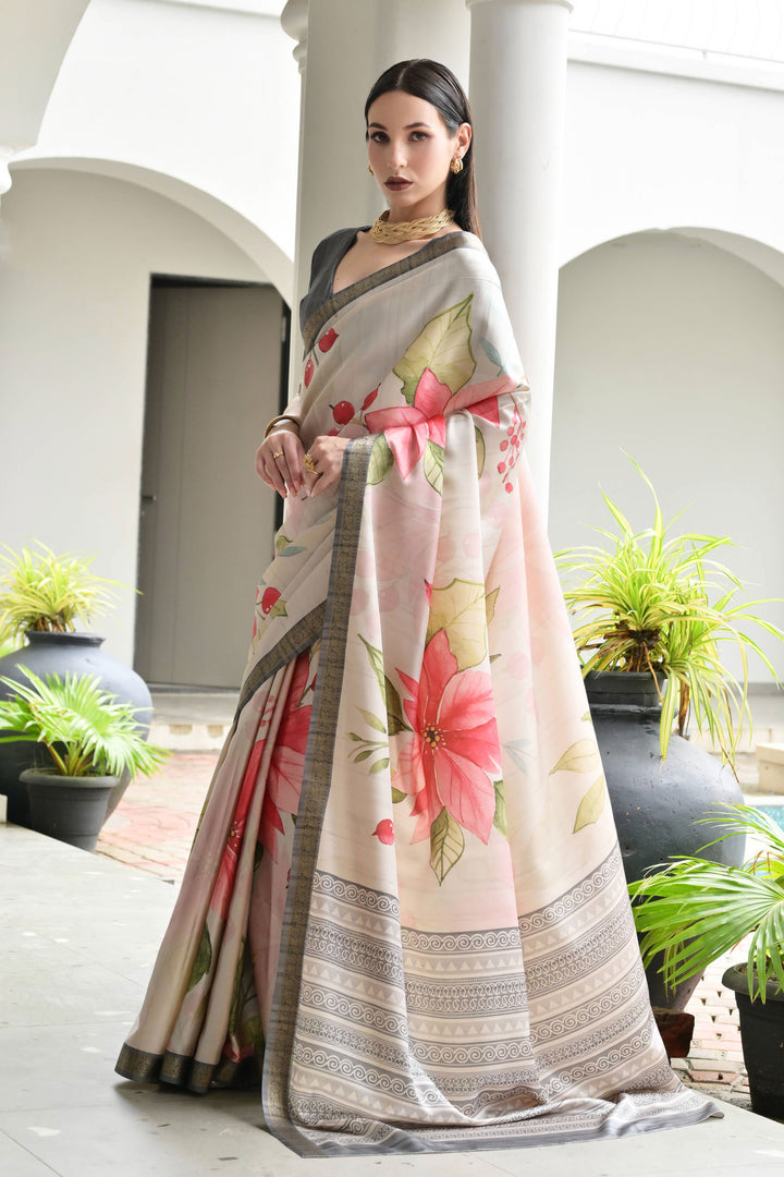 Satin Silk Fabric Grey Color Beautiful Floral Printed Saree | Buy Online India