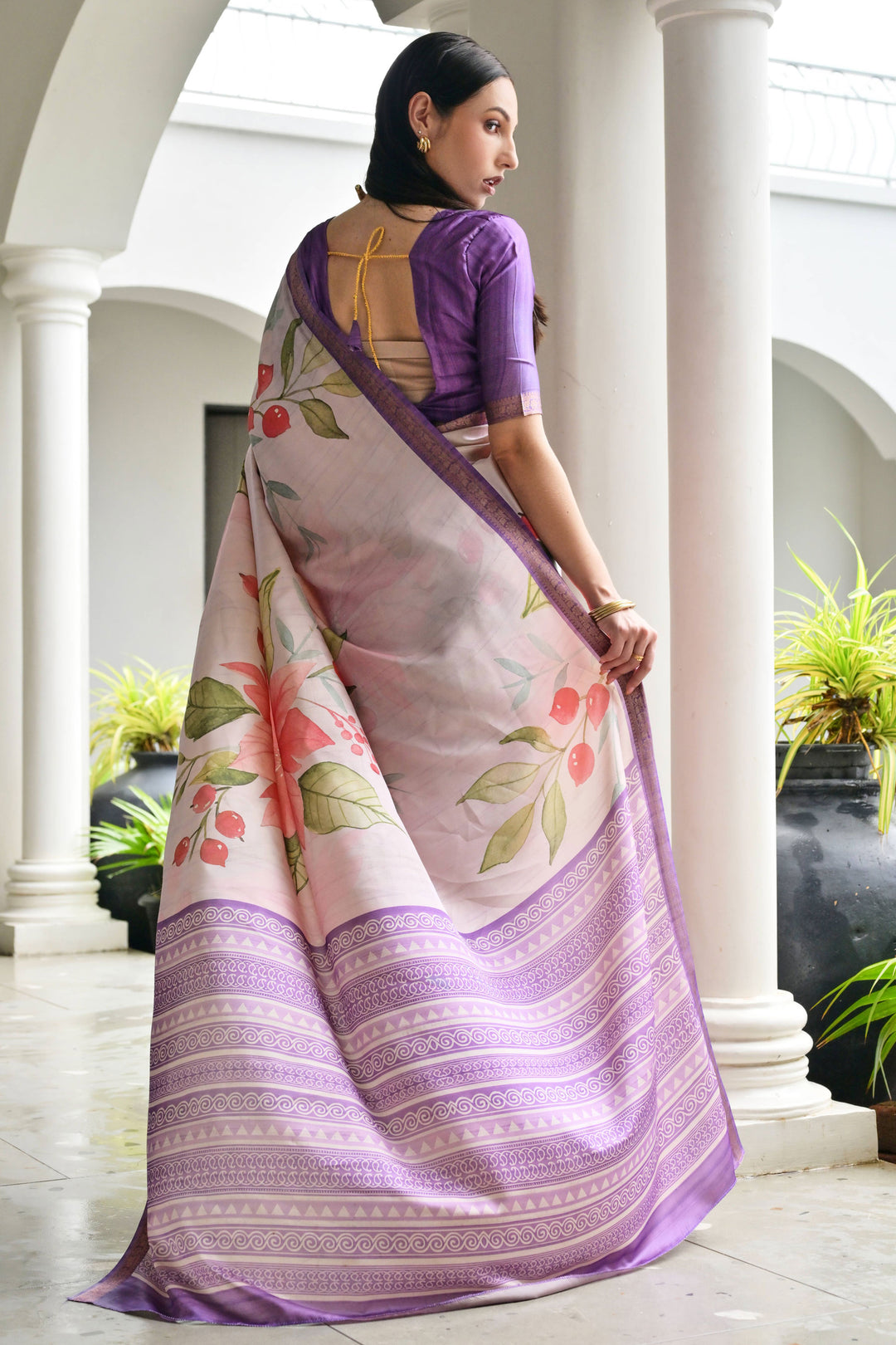 Alluring Satin Silk Fabric Lavender Color Floral Printed Saree | Buy Online India