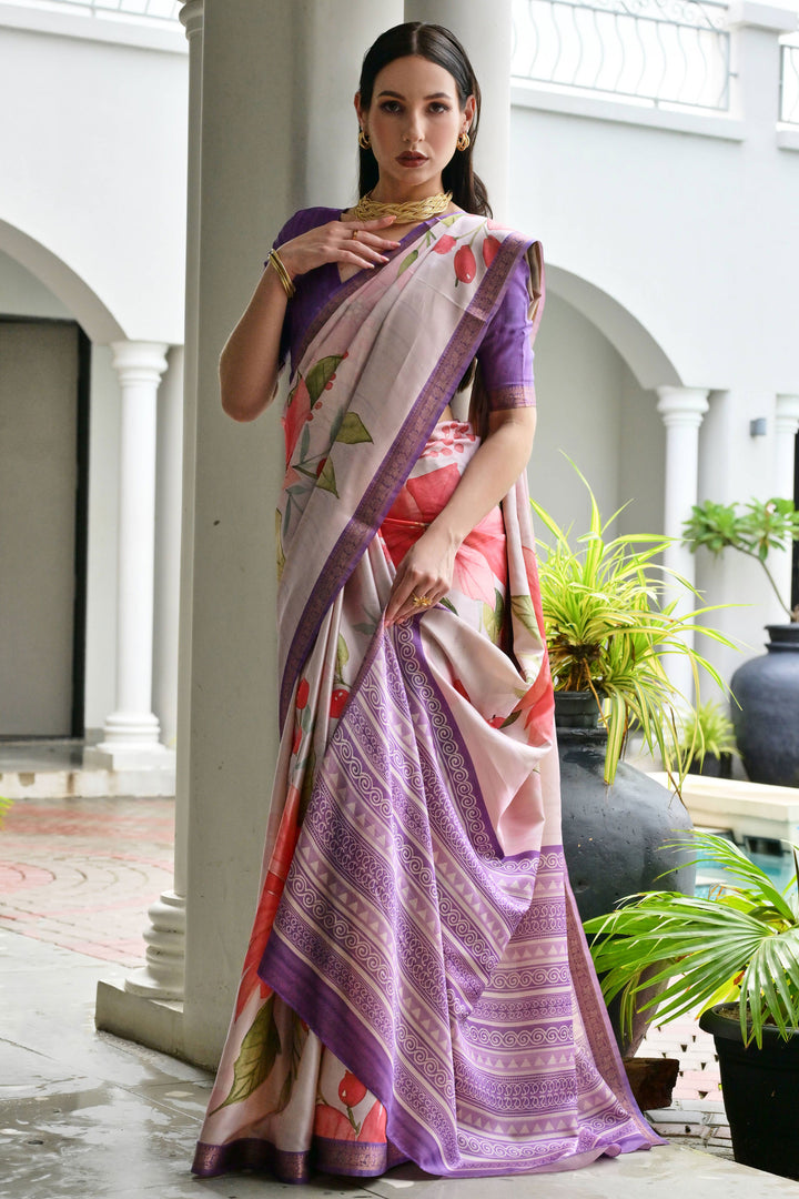 Alluring Satin Silk Fabric Lavender Color Floral Printed Saree | Buy Online India