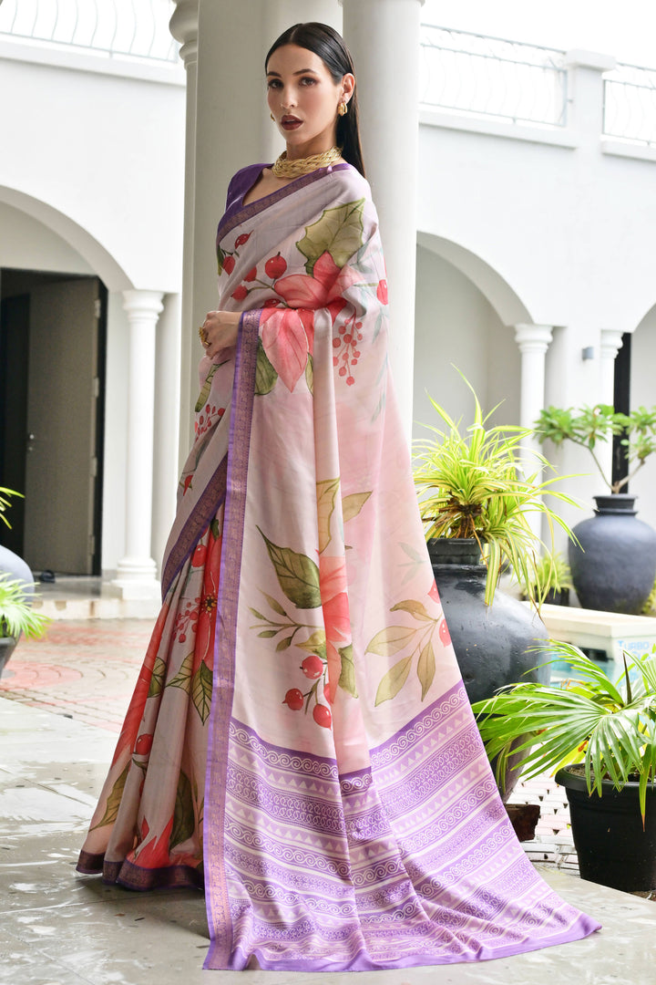 Alluring Satin Silk Fabric Lavender Color Floral Printed Saree | Buy Online India