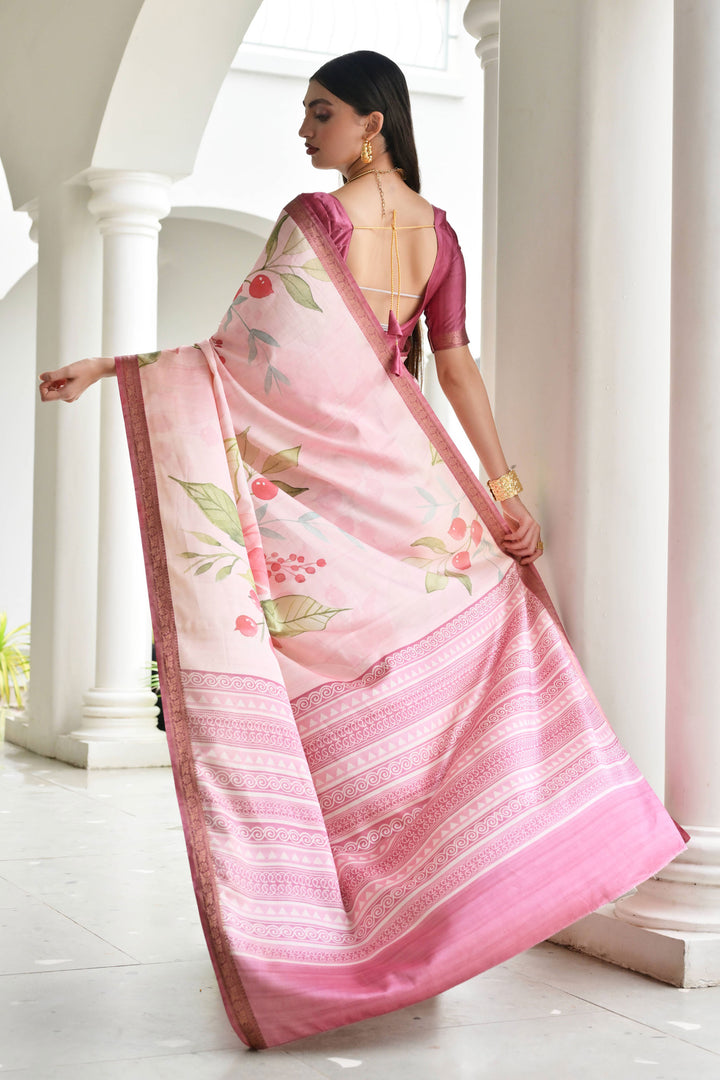 Pink Color Satin Silk Fabric Elegant Floral Printed Saree | Buy Online India