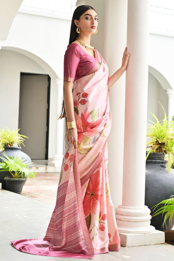Pink Color Satin Silk Fabric Elegant Floral Printed Saree | Buy Online India