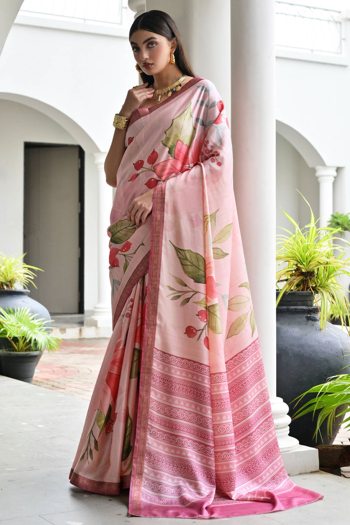 Pink Color Satin Silk Fabric Elegant Floral Printed Saree | Buy Online India