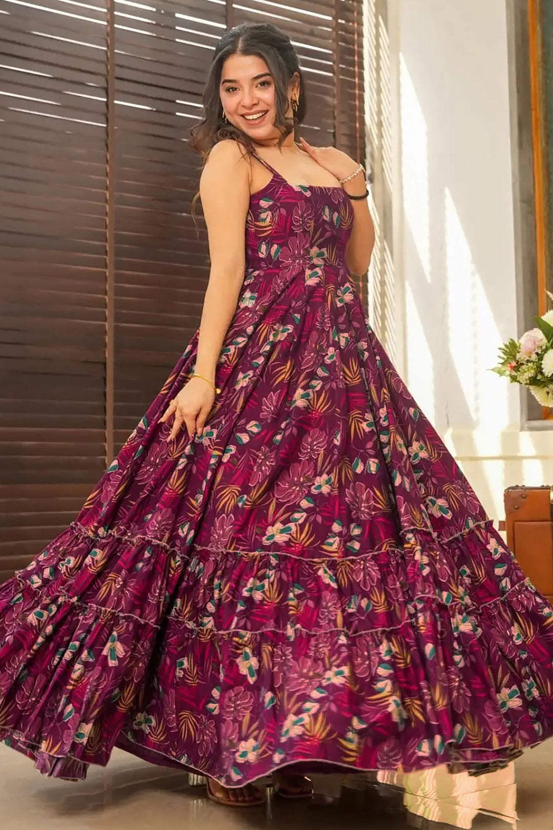Printed Purple Color Rayon Anarkali Gown | Buy Online India