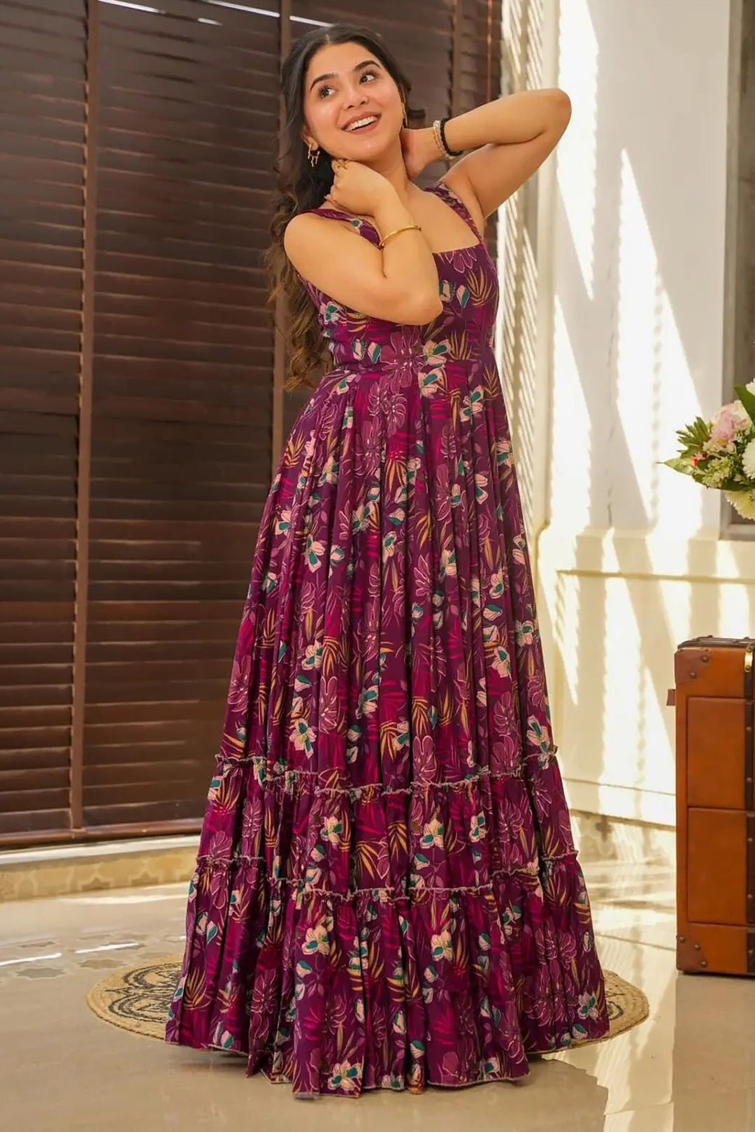 Printed Purple Color Rayon Anarkali Gown | Buy Online India