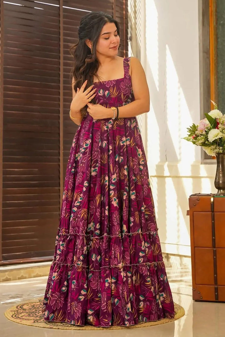 Printed Purple Color Rayon Anarkali Gown | Buy Online India