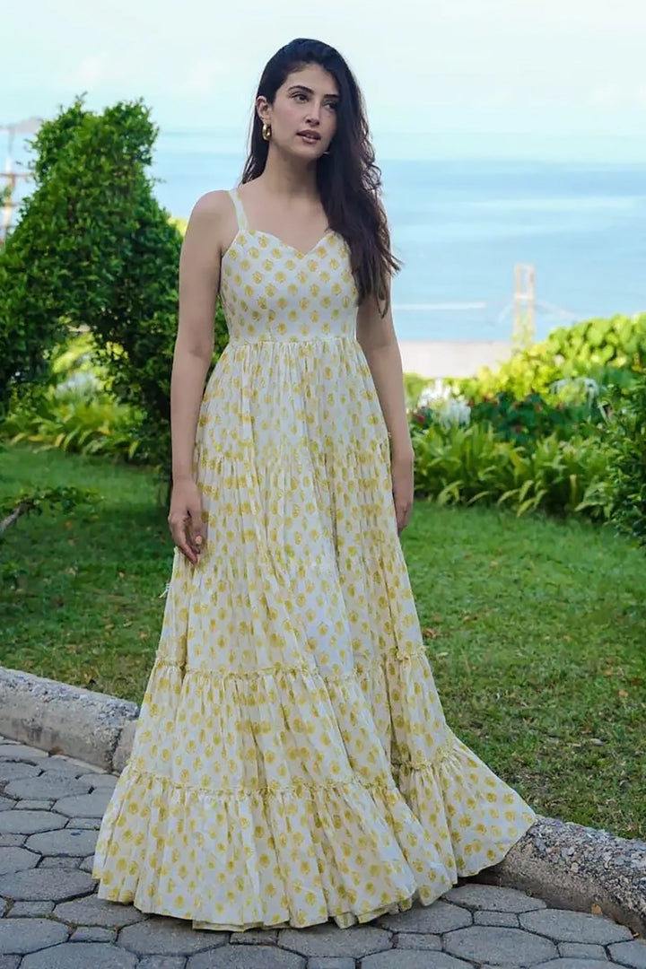 Glimmering Beige Color Printed Anarkali Gown | Buy Online India