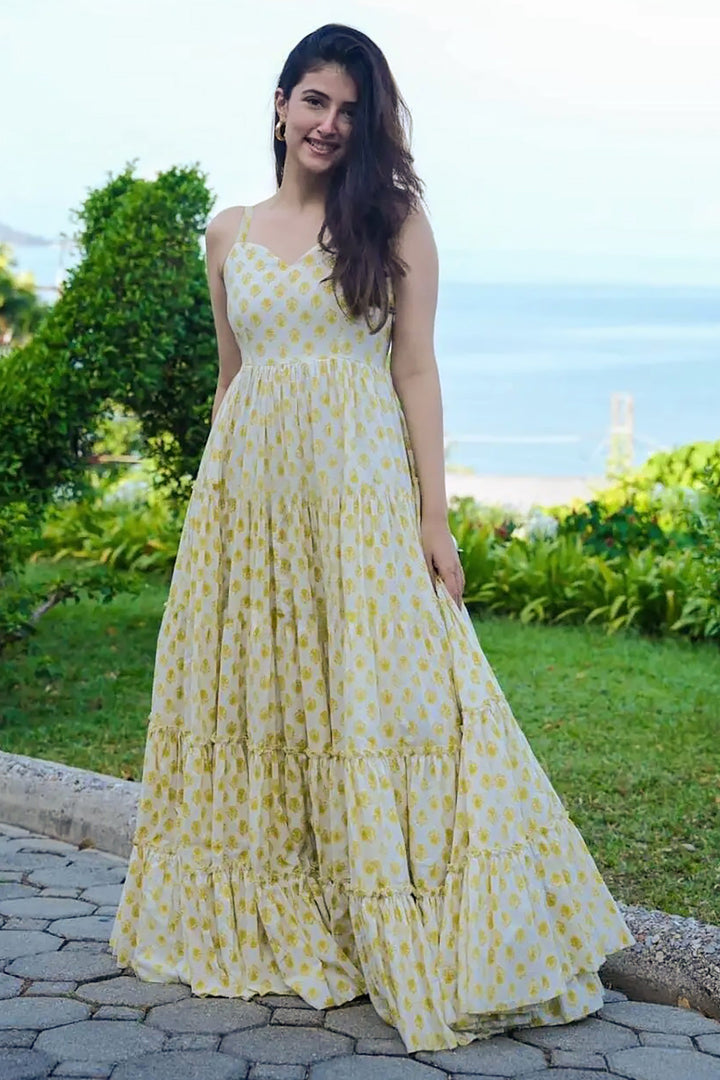 Glimmering Beige Color Printed Anarkali Gown | Buy Online India