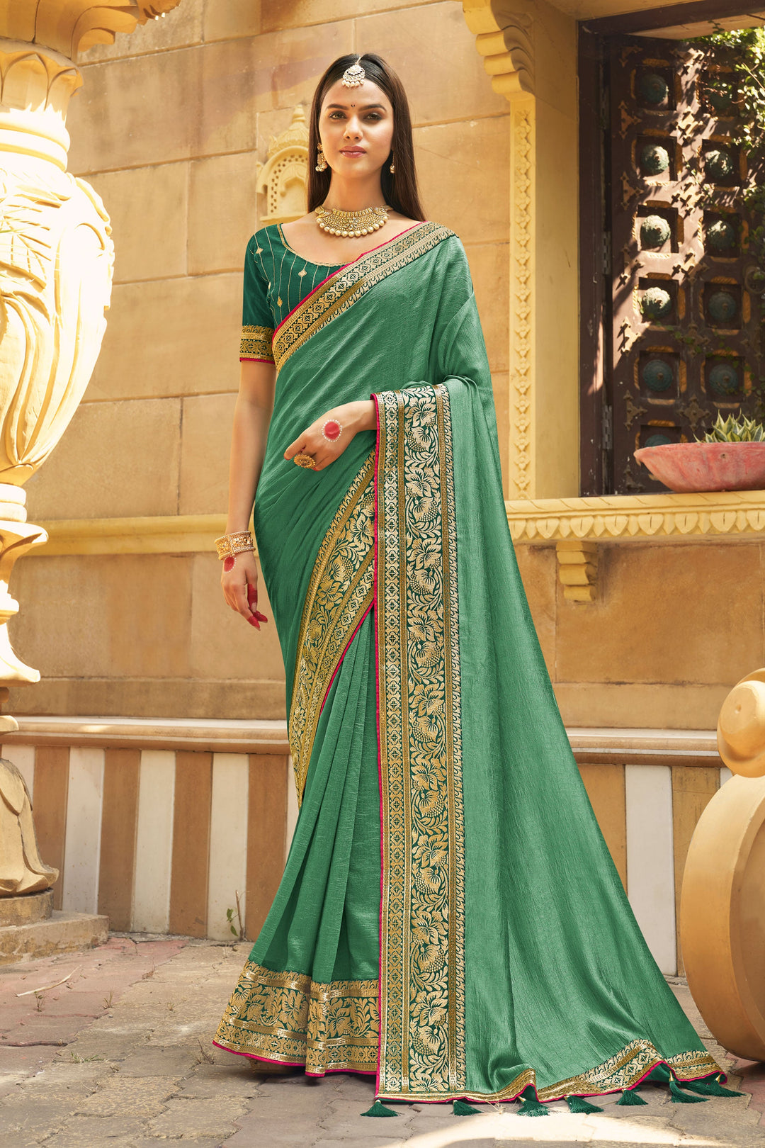 Sea Green Color Banglori Silk Fabric Coveted Saree With Border Work | Buy Online India