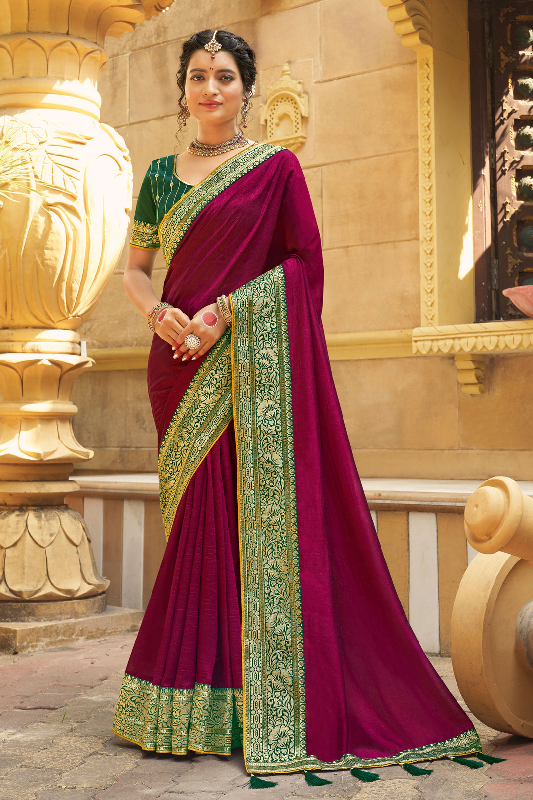 Banglori Silk Fabric Magenta Color Riveting Saree With Border Work | Buy Online India