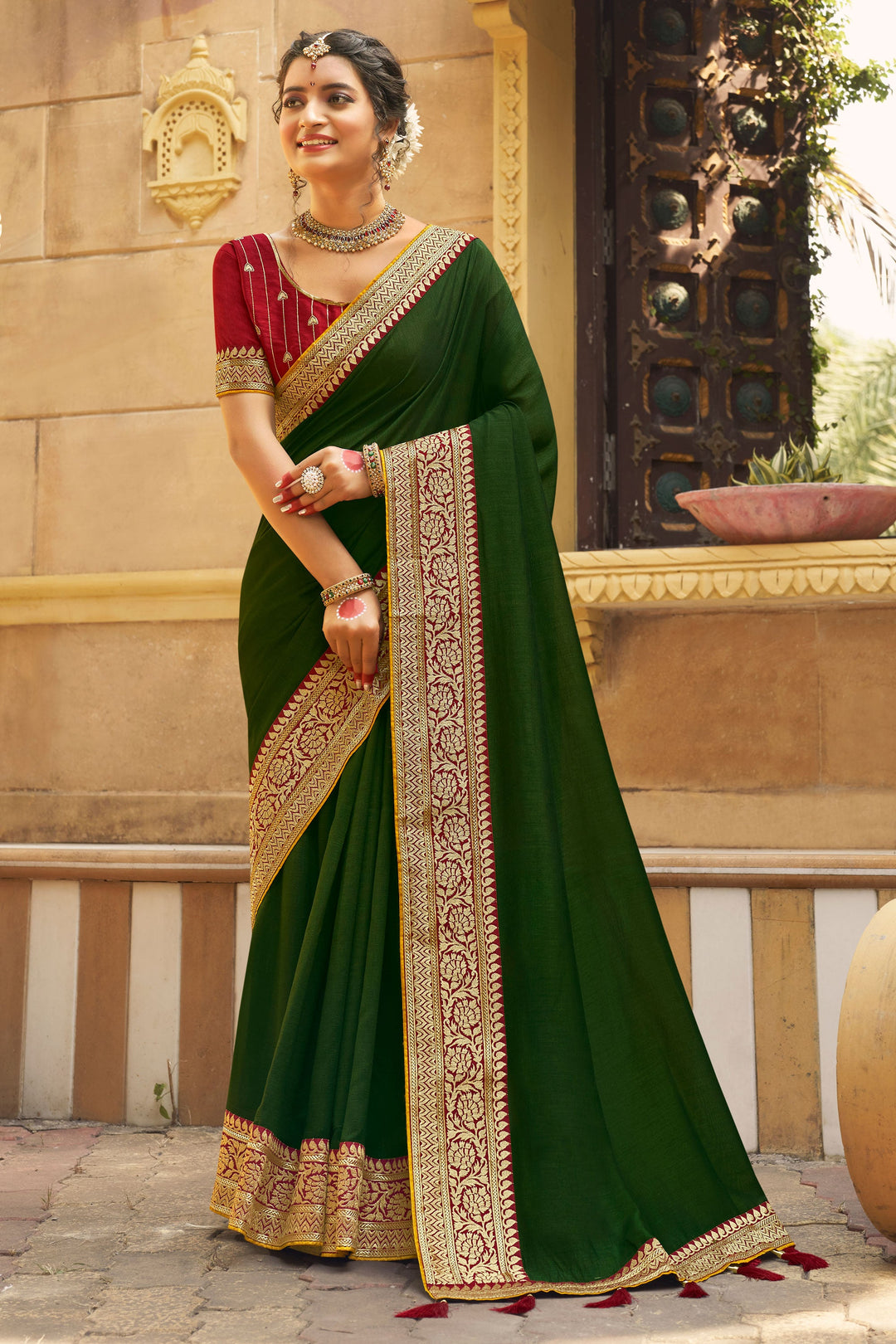 Border Work On Mehendi Green Color Banglori Silk Fabric Princely Saree | Buy Online India