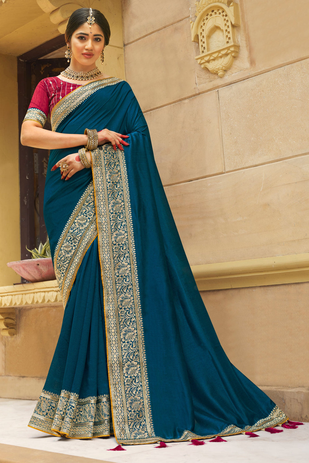 Banglori Silk Fabric Teal Color Patterned Saree With Border Work | Buy Online India