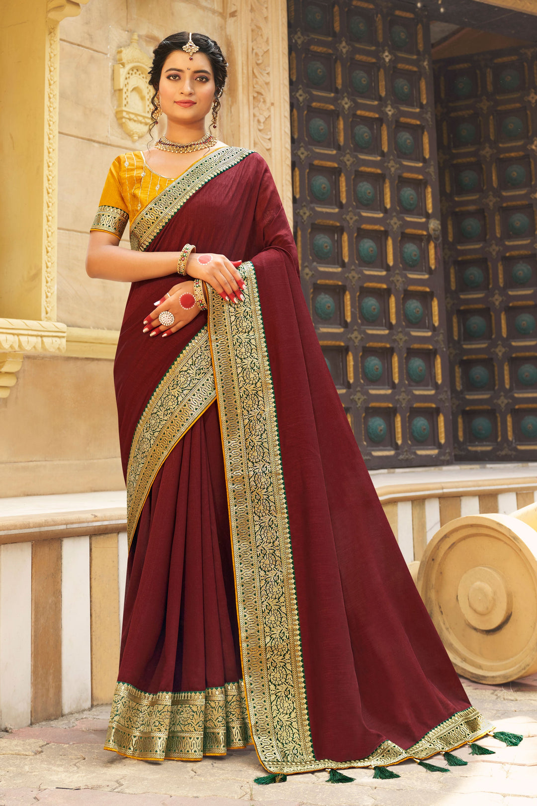 Maroon Color Banglori Silk Fabric Engaging Saree With Border Work | Buy Online India