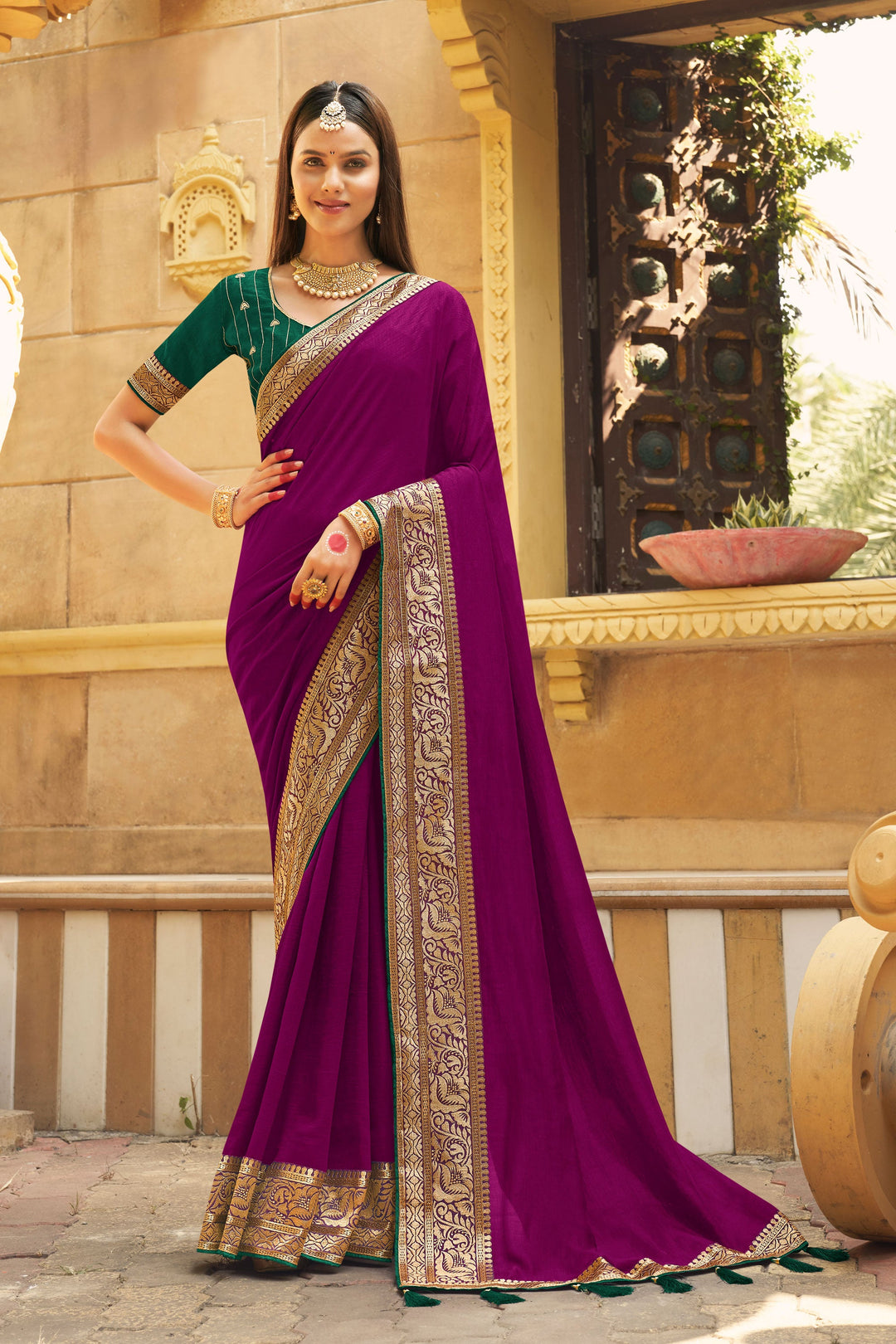 Border Work On Wine Color Sober Saree In Banglori Silk Fabric | Buy Online India