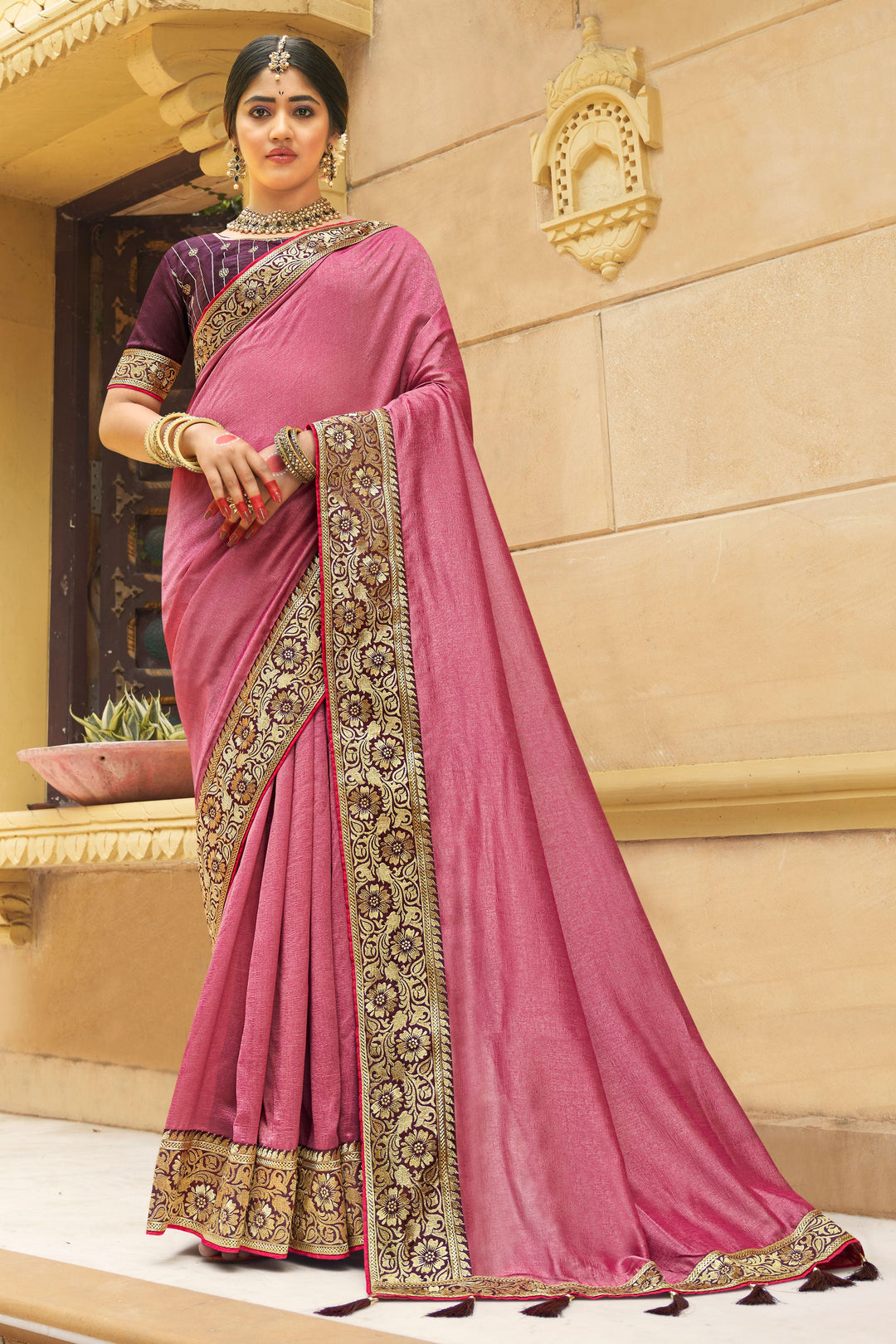 Creative Border Work On Pink Color Banglori Silk Fabric Saree | Buy Online India