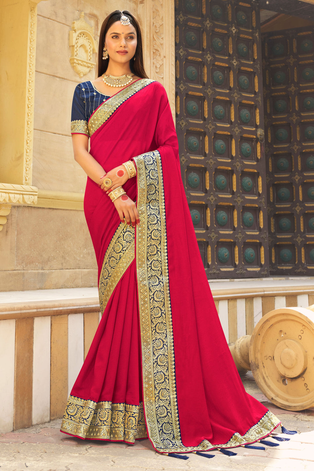 Rani Color Border Work On Banglori Silk Fabric Stunning Saree | Buy Online India