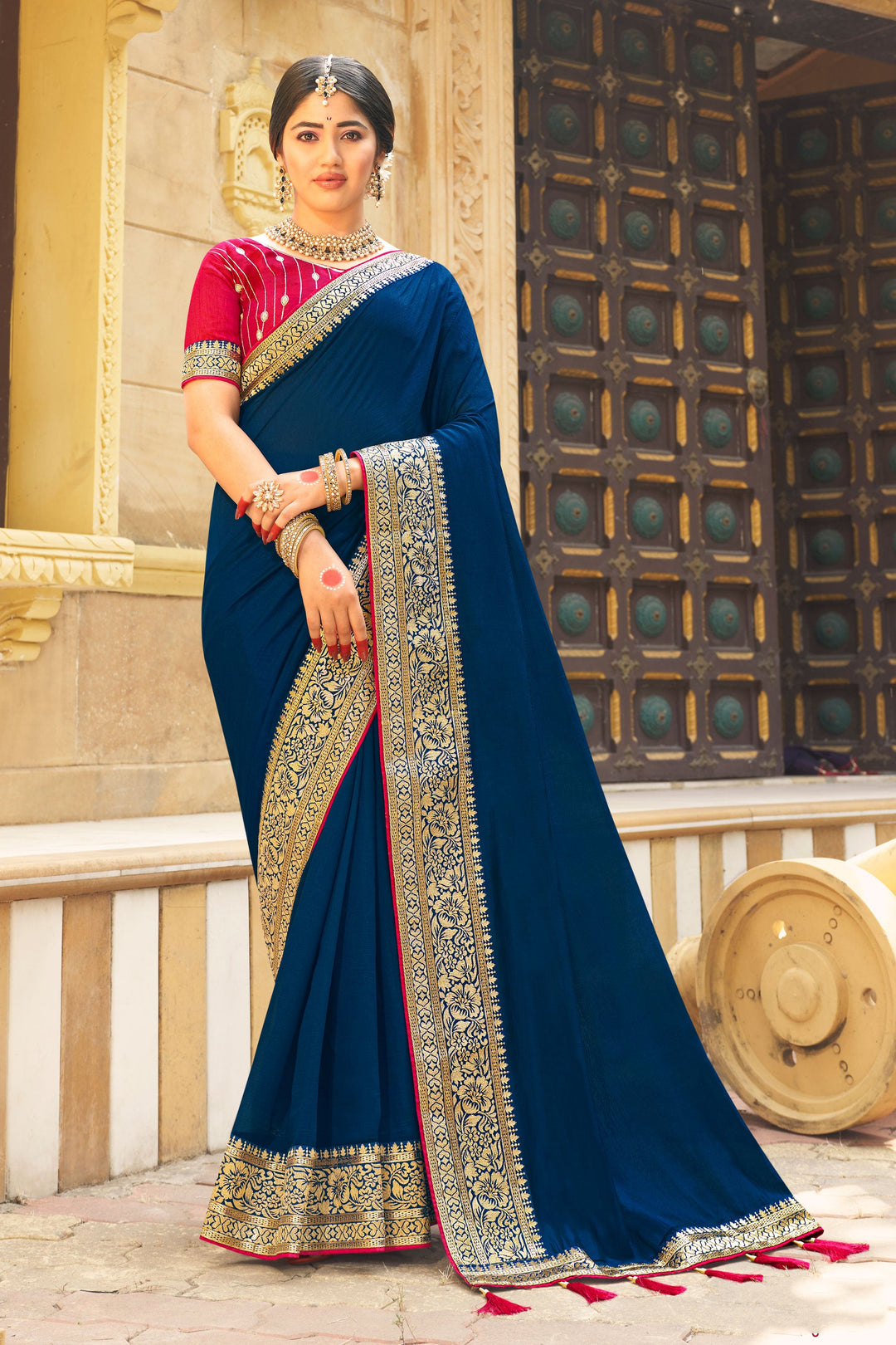 Incredible Border Work On Banglori Silk Fabric Blue Color Saree | Buy Online India