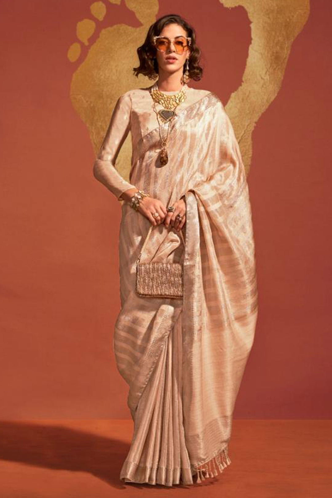 Beige Color Charismatic Viscose Handloom Weaving Silk Saree | Buy Online India