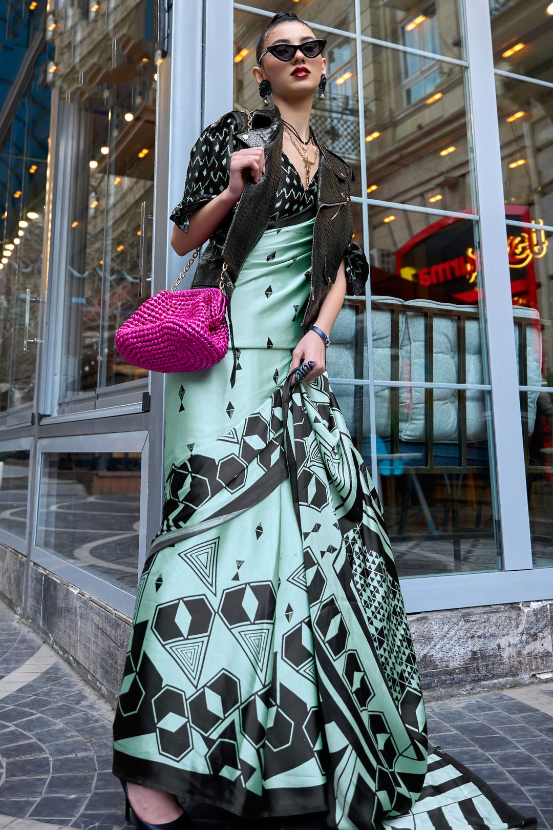 Sea Green Color Exquisite Printed Satin Crepe Silk Saree | Buy Online India