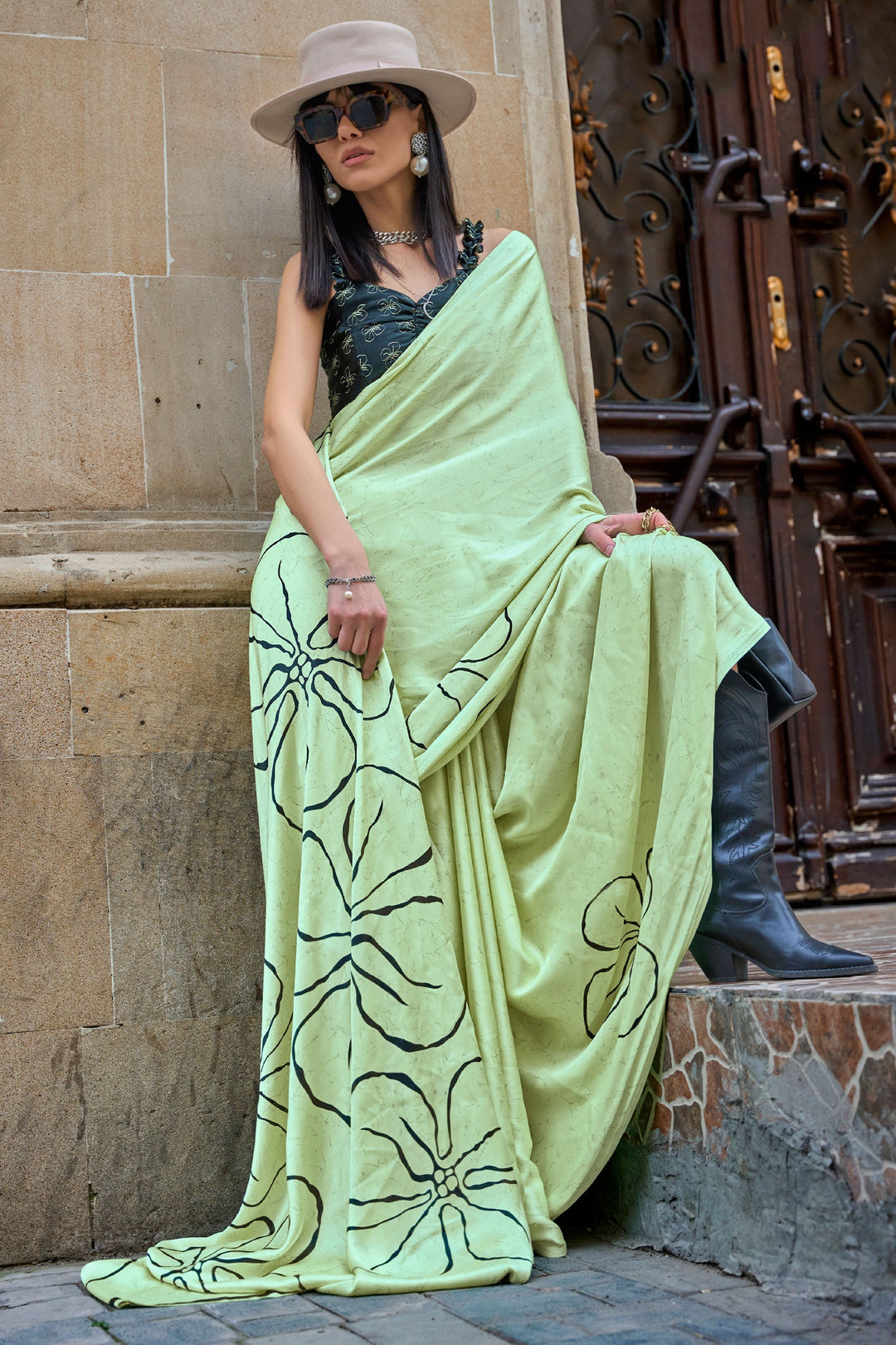 Attractive Printed Satin Crepe Silk Saree In Sea Green Color | Buy Online India