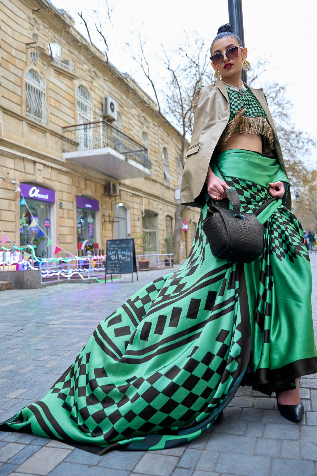 Alluring Green Color Printed Work Satin Crepe Silk Saree | Buy Online India