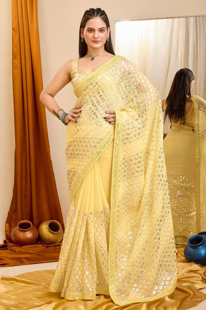 Function Wear Yellow Color Stylish Georgette Saree | Buy Online India